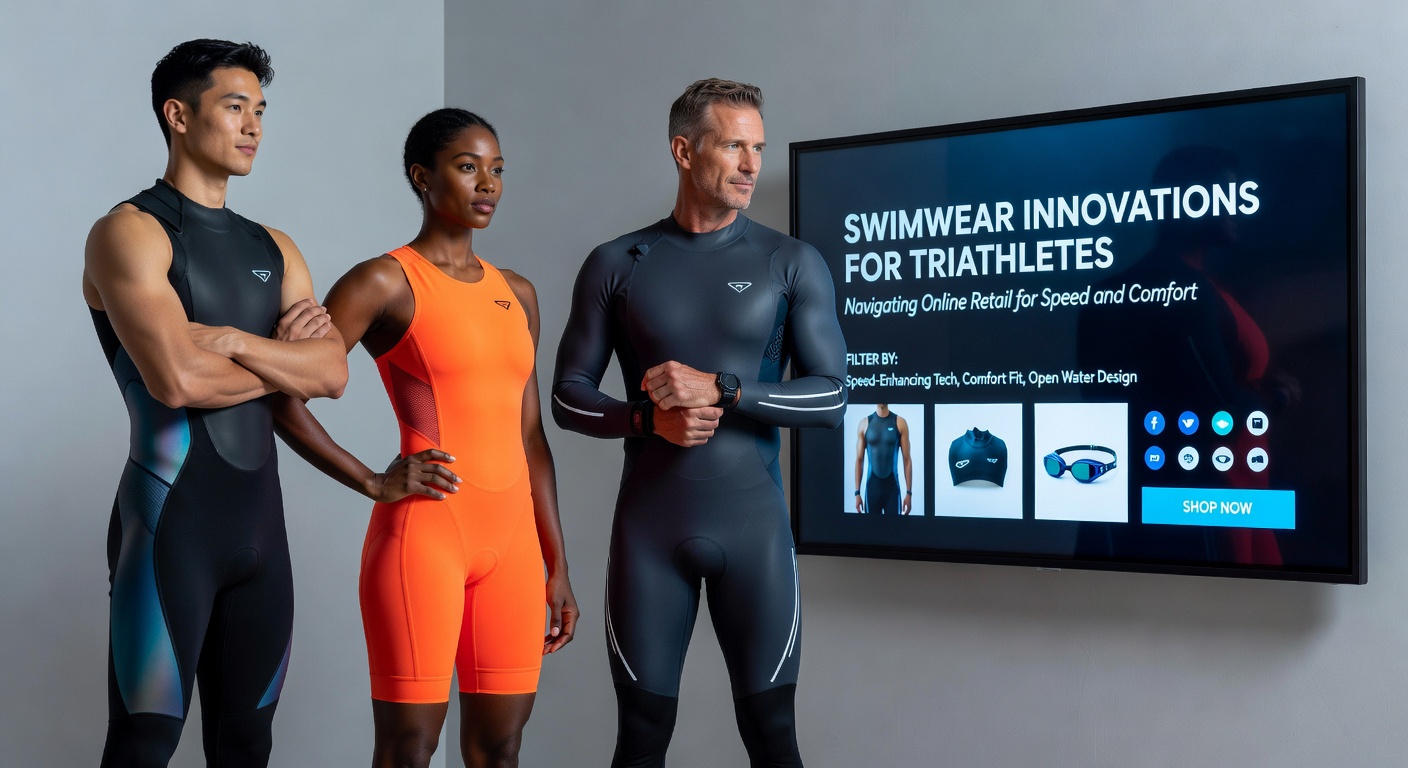 Detaillierter Blick auf moderne Triathlon-Schwimmanzüge mit Kompressionspaneelen, Nahtlos-Design und Feuchtigkeitsableitenden Stoffen in einem Online-Shop-Kontext